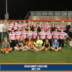 Photo of Dr. Sandy and A Silver Lining Foundation members with the 2016 Chicago Bandits team in center field.